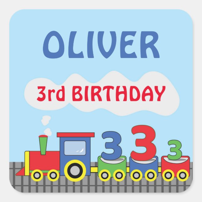 Sticker Carré 3e anniversaire Train Personnaliser le nom (Devant)
