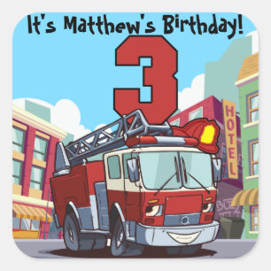 Sticker Carré 3ème Camion de pompiers d'anniversaire