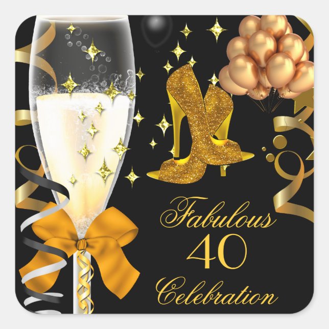 Sticker Carré 40 & Fabulous Gold Black Chaussures d'anniversaire (Devant)