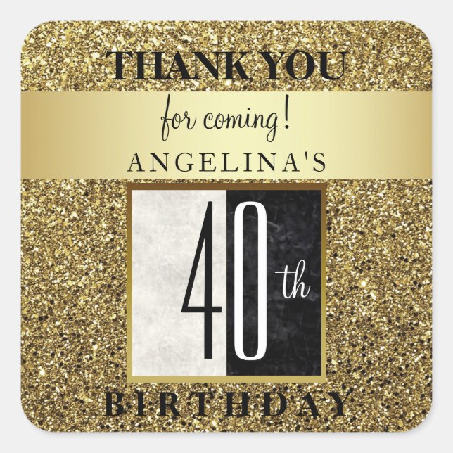 Sticker Carré 40e anniversaire Parties scintillant Merci or (Devant)