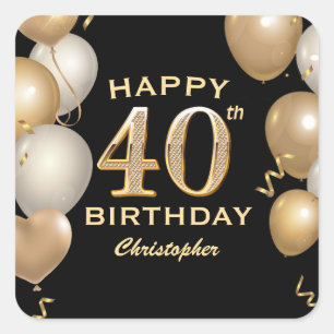 Sticker Carré 40e fête d'anniversaire Ballons noirs et or