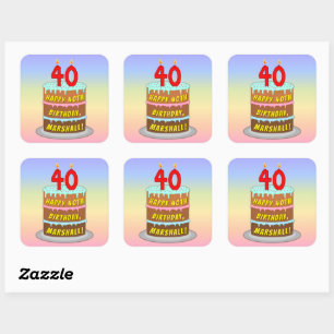 Sticker Carré 40th Birthday: Fun Cake and Candles + Custom Name