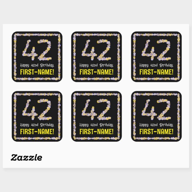 Sticker Carré 42e anniversaire : Floral Flowers Numéro, Nom pers (Feuille)