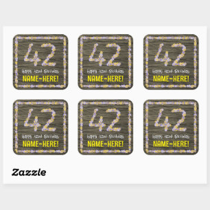 Sticker Carré 42e anniversaire : numéro floral, Faux Wood Look, 