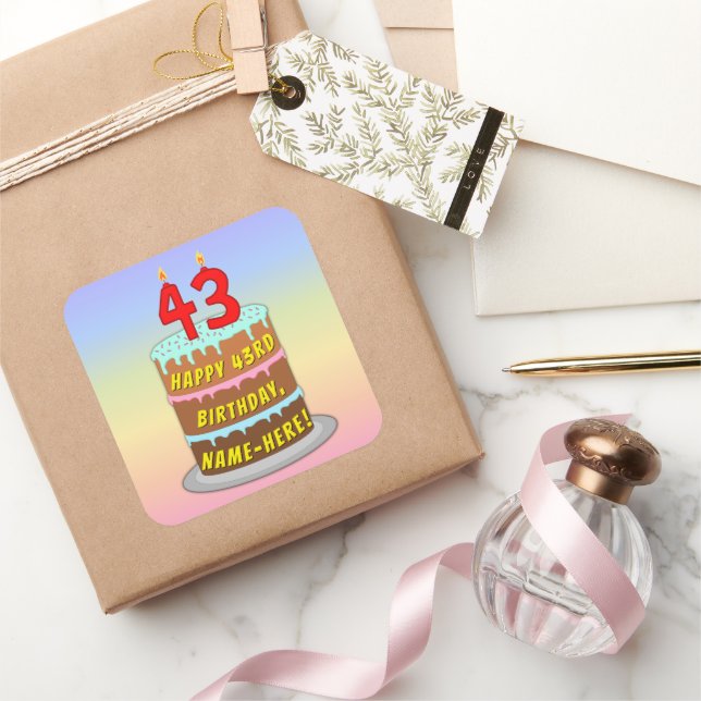 Sticker Carré 43rd Birthday: Fun Cake and Candles + Custom Name (Cadeaux)