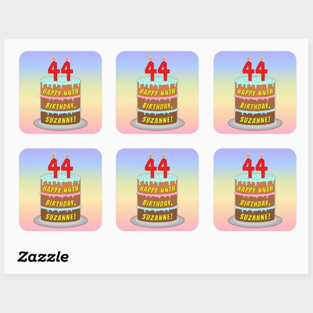 Sticker Carré 44th Birthday: Fun Cake and Candles + Custom Name (Feuille)