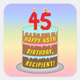 Sticker Carré 45th Birthday: Fun Cake and Candles + Custom Name