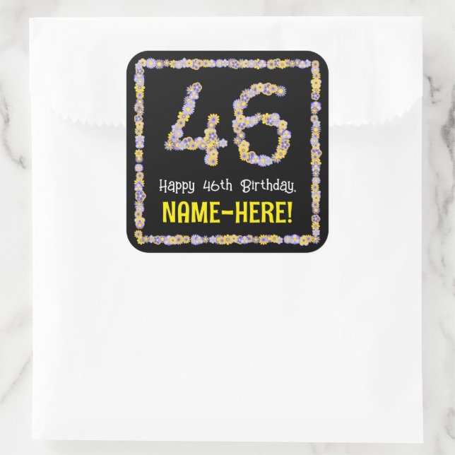 Sticker Carré 46e anniversaire : Floral Flowers Numéro, Nom pers (Sac)