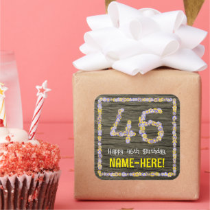 Sticker Carré 46e anniversaire : numéro floral, Faux Wood Look, 