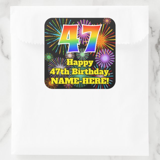 Sticker Carré 47e anniversaire : Fun Fireworks Look, Arc-en-ciel (Sac)
