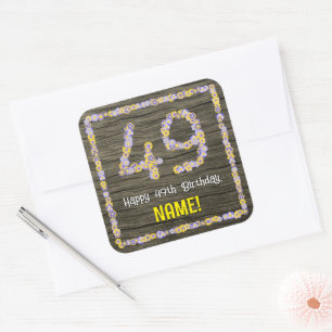 Sticker Carré 49e anniversaire : numéro floral, Faux Wood Look, 