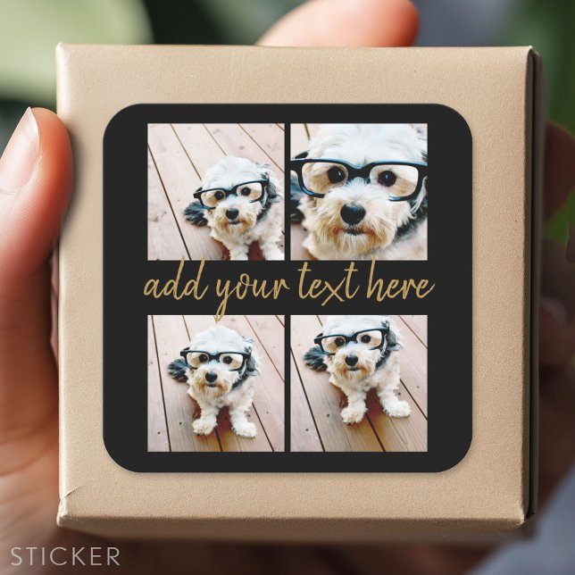 Sticker Carré 4 Collage de photos - Texte de script or moderne (Custom Sticker)