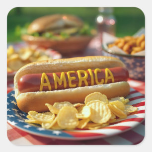 Sticker Carré 4 juillet américain Hot Dog