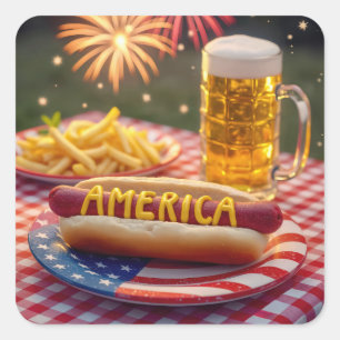 Sticker Carré 4 juillet américain Hot Dog