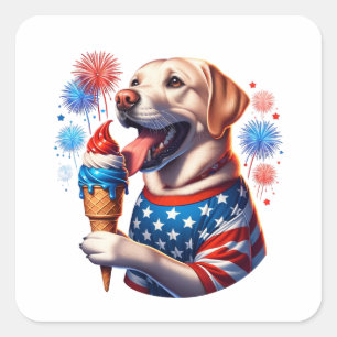 Sticker Carré 4 juillet Chien avec cône de glace