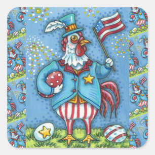 Sticker Carré 4 juillet ROOSTER, FUNNY PATRIOTIC POULET