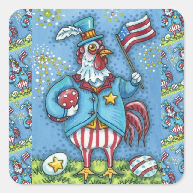 Sticker Carré 4 juillet ROOSTER, FUNNY PATRIOTIC POULET (Devant)