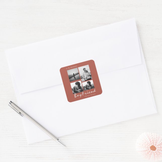 Sticker Carré 4-Photo Collage Forever Boyfriend Valentine's (Enveloppe)