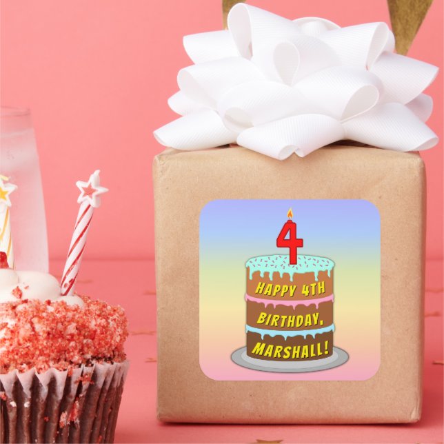 Sticker Carré 4e anniversaire : Fun Cake and Candle + Nom person (Fête)