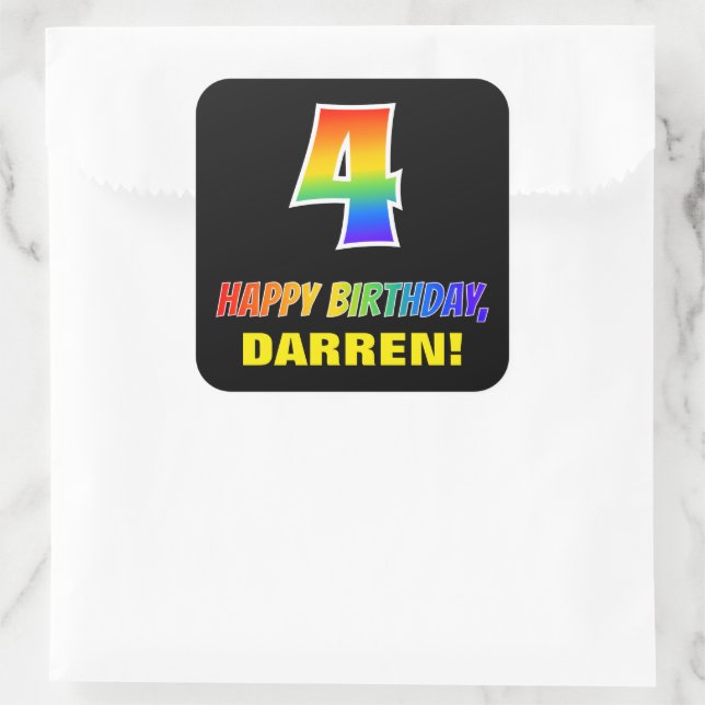 Sticker Carré 4e anniversaire : Gras, Amusant, Simple, Arc-en-ci (Sac)