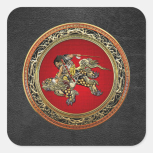 Sticker Carré [500] Hokusai - Shoki Riding Shishi Lion