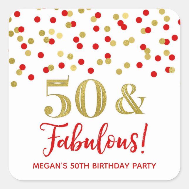 Sticker Carré 50 & Fabuleux Anniversaire Rouge Gold Confetti (Devant)