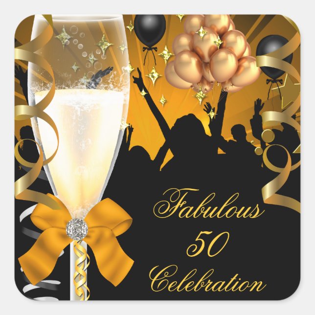 Sticker Carré 50 & Fabuleux Champagne d'Anniversaire Noir d'Or (Devant)