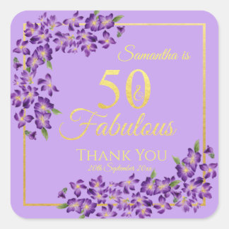 Sticker Carré 50 & Fabulous Gold Violet Flowers 50e anniversaire