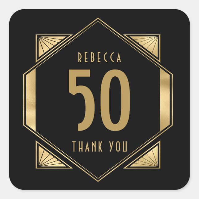 Sticker Carré 50e anniversaire Art Déco Nom Merci Gold Black (Devant)