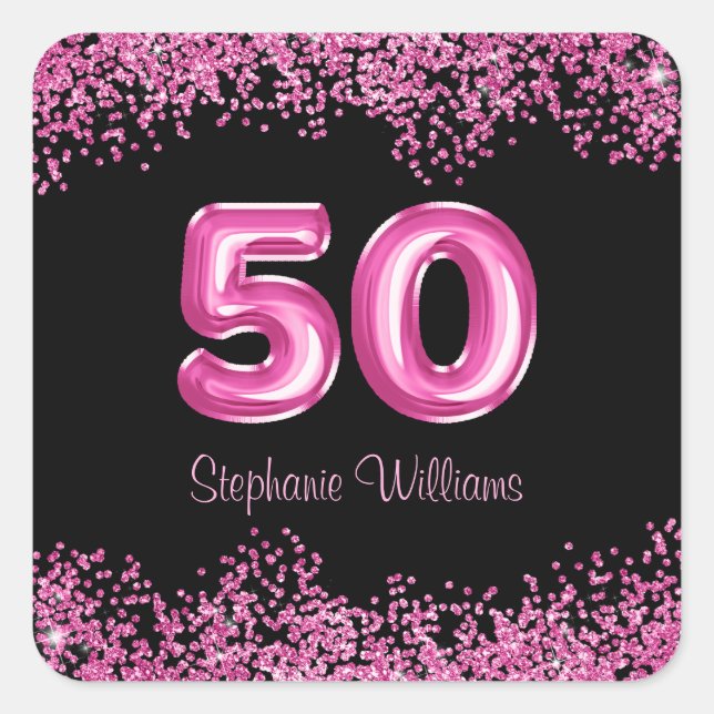 Sticker Carré 50e anniversaire Ballons roses chauds | Parties sc (Devant)