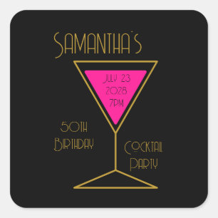 Sticker Carré 50e anniversaire Cocktail Party Black Gold Hot ros
