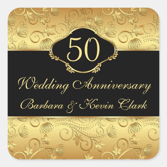 Sticker Carré 50e anniversaire de Mariage à fleurs dorées (Devant)