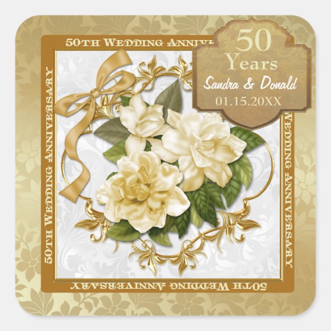 Sticker Carré 50e anniversaire du Mariage Floral Gold (Devant)