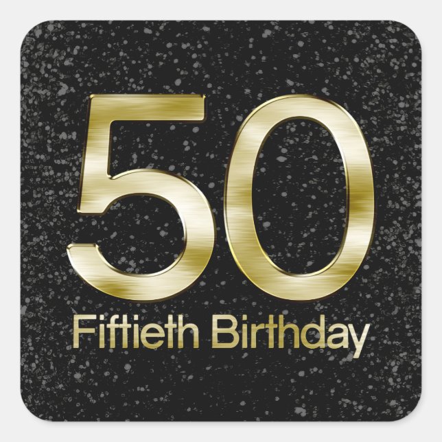 Sticker Carré 50e anniversaire, Elegant Black Gold Glam (Devant)