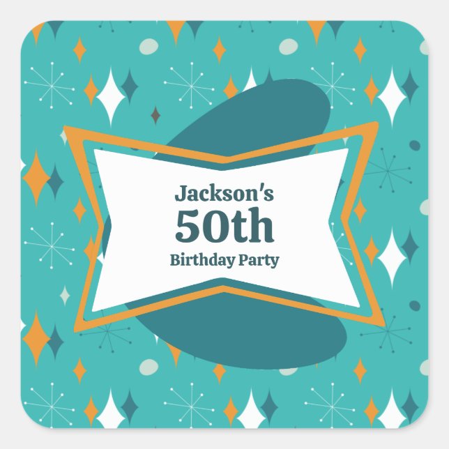 Sticker Carré 50e anniversaire fête Retro Mid Century N'importe  (Devant)
