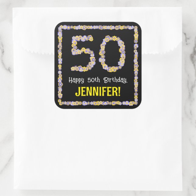 Sticker Carré 50e anniversaire : Floral Flowers Numéro, Nom pers (Sac)