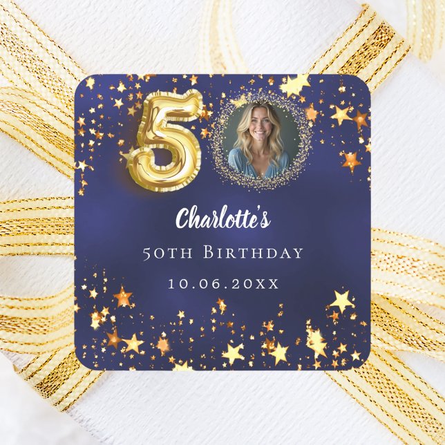 Sticker Carré 50e anniversaire photo étoiles bleues marine or (Créateur téléchargé)