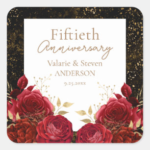 Sticker Carré 50e Anniversaire Rouge Or Floral