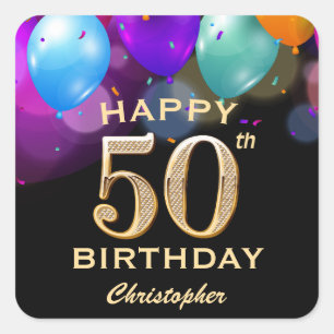 Sticker Carré 50e fête d'anniversaire Ballons noirs et or