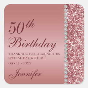 Sticker Carré 50ème Anniversaire Rose Gold Élégant