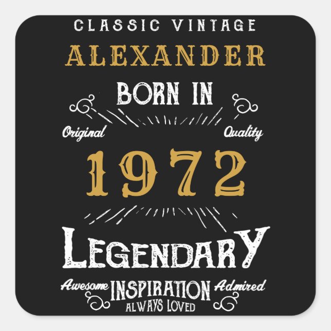 Sticker Carré 50th Birthday 1972 Ajouter le nom Legendary Black  (Devant)