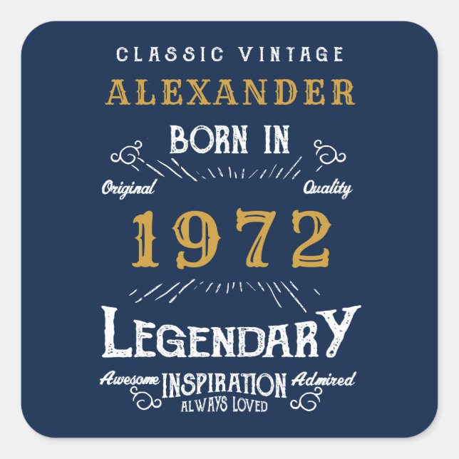 Sticker Carré 50th Birthday 1972 Ajouter Nom Legendary Blue Gold (Devant)