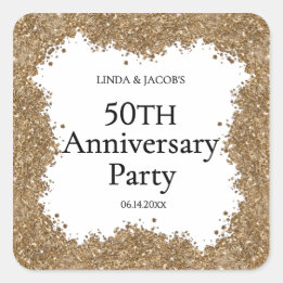 Sticker Carré 50th Wedding Anniversary Gold Faux Glitter