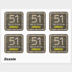 Sticker Carré 51e anniversaire : Floral Number, Faux Wood Look, 