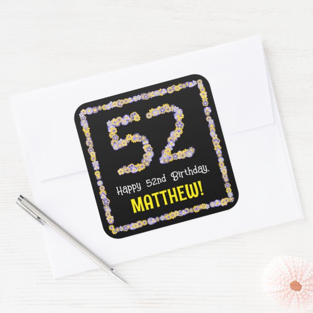 Sticker Carré 52e anniversaire : Floral Flowers Numéro, Nom pers (Enveloppe)