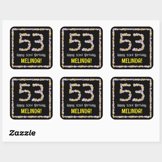 Sticker Carré 53e anniversaire : Floral Flowers Numéro, Nom pers (Feuille)