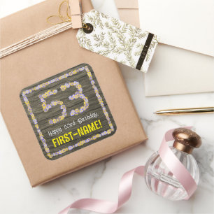 Sticker Carré 53e anniversaire : numéro floral, Faux Wood Look, 