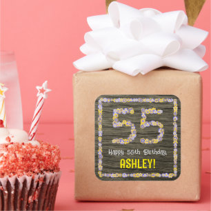 Sticker Carré 55e anniversaire : numéro floral, Faux Wood Look, 