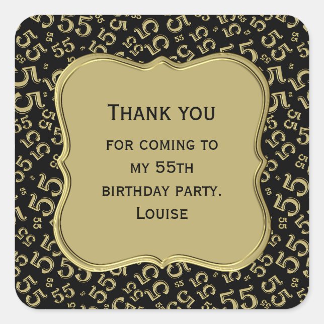 Sticker Carré 55e anniversaire Thème Gold/Black Party - Merci (Devant)