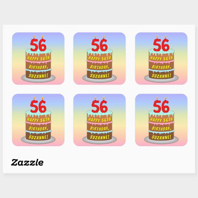 Sticker Carré 56e anniversaire : Fun Cake and Candles + Nom pers (Feuille)